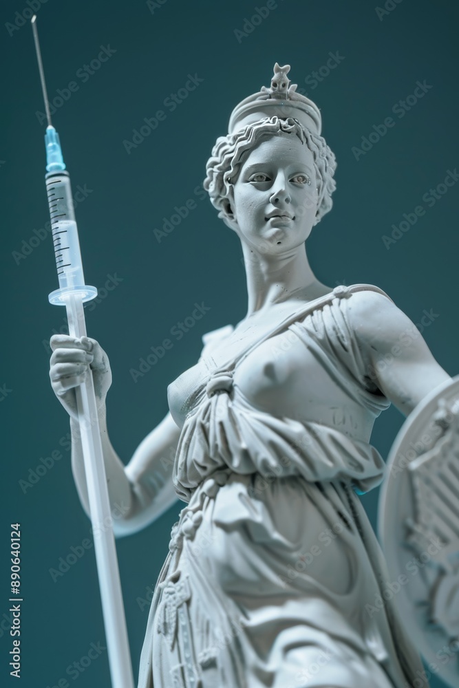Obraz premium Ultra sharp photo Britannia holding a syringe like a spear and a vaccine as a shield