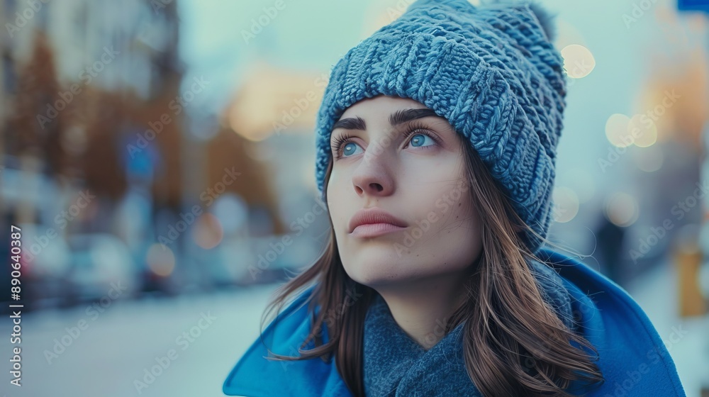 A young woman wearing a blue coat and knitted hat gazes into the distance with a captivated expression, standing outdoors on a cold day with an urban backdrop. A young woman wearing a blue coat and knitted hat gazes into the distance with a captivated expression, standing outdoors on a cold day with an urban backdrop.