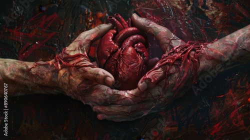 In his hands lies a bloody heart on a black background . A heart in bloody hands