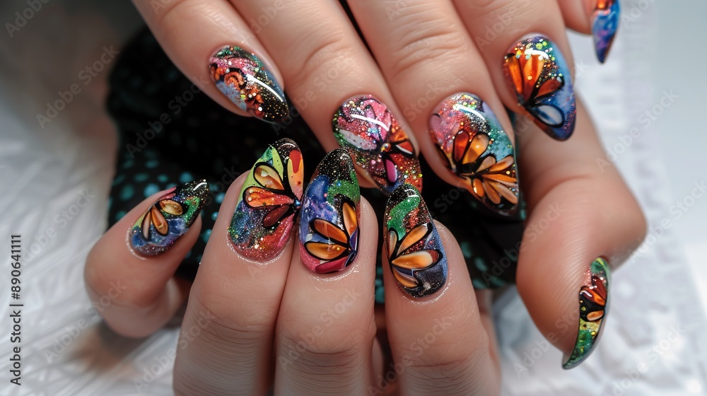 A close-up of hands displaying beautifully manicured nails with intricate butterfly-themed nail art designs, bursting with bright colors and elaborate details. A close-up of hands displaying beautifully manicured nails with intricate butterfly-themed nail art designs, bursting with bright colors and elaborate details.