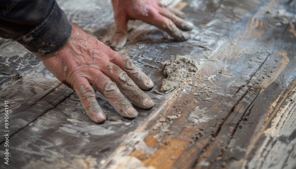 A hand is shown pointing to a gap between two laminate pieces, indicating a small defect A hand is shown pointing to a gap between two laminate pieces, indicating a small defect