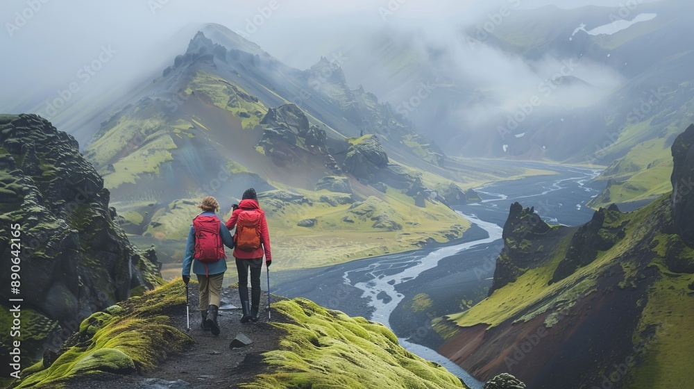 Obraz premium A couple is seen trekking along a stunning mountainous path, surrounded by misty peaks and lush green vegetation, enjoying an adventurous and picturesque hike.