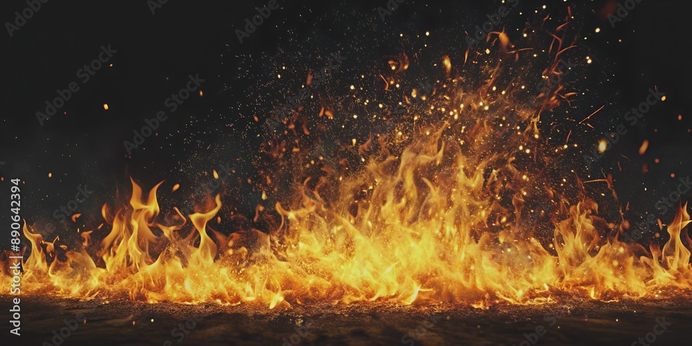 Fire flames with sparks on a black background AI-Created Content Fire flames with sparks on a black background AI-Created Content