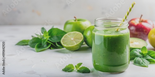 Fresh green smoothie in a jar on a white background Healthy eating concept AI-Generated Content