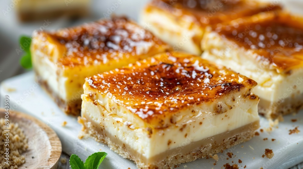 White plate showcasing a square piece of caramel cheesecake sprinkled with sea salt on top, having a smooth and creamy layer, and a thick, nutty base. White plate showcasing a square piece of caramel cheesecake sprinkled with sea salt on top, having a smooth and creamy layer, and a thick, nutty base.