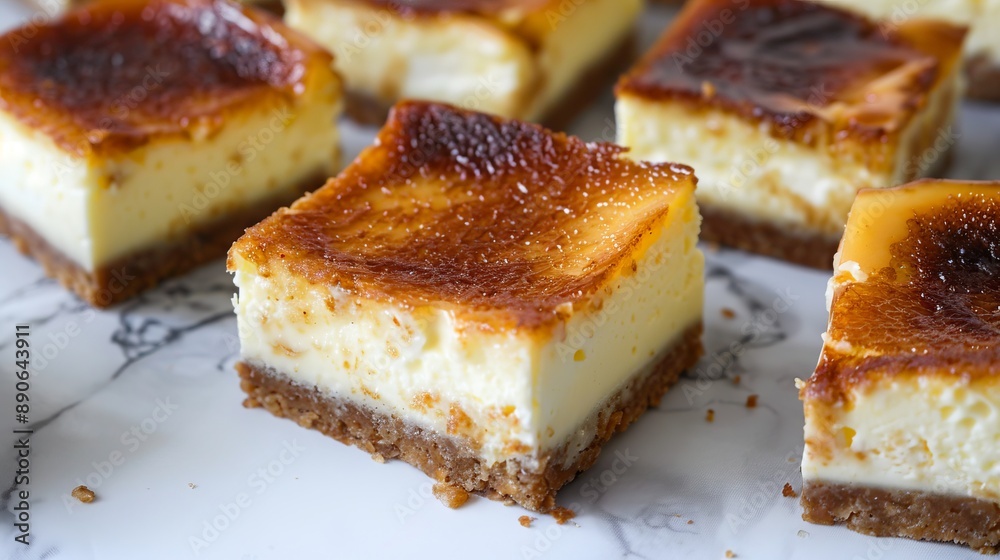 Marble countertop holding square slices of caramel cheesecake with a golden caramelized top layer, gritty graham crust base, and a creamy cheesecake center. Marble countertop holding square slices of caramel cheesecake with a golden caramelized top layer, gritty graham crust base, and a creamy cheesecake center.