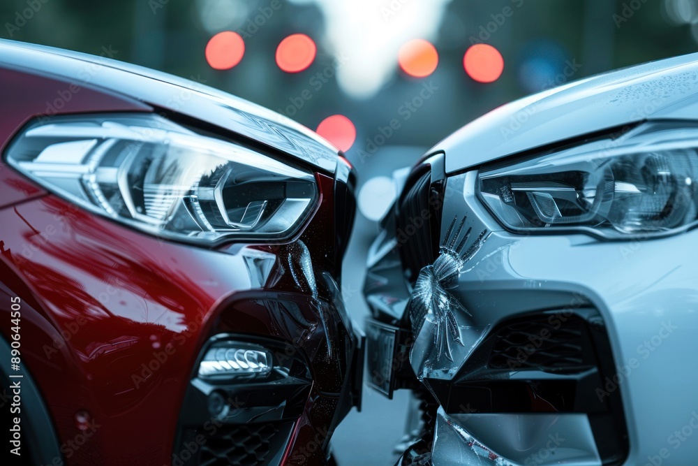 car accident. frontal crash of two cars closeup car accident. frontal crash of two cars closeup