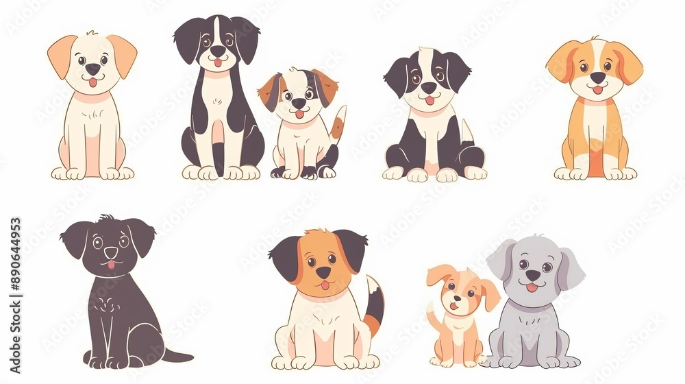 Obraz premium This image depicts a delightful set of ten puppies in calm and neutral colors, each with unique expressions and poses, highlighting their charm and innocence in a simplistic style.