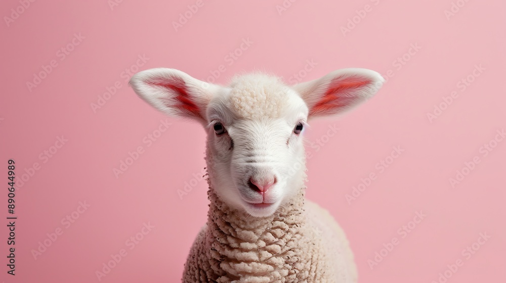 A cute lamb with delicate pink ears stands against a soft pink background, showcasing its fluffy white wool and an innocent, curious expression under bright lighting. A cute lamb with delicate pink ears stands against a soft pink background, showcasing its fluffy white wool and an innocent, curious expression under bright lighting.