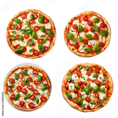 Four delicious Margherita pizzas with fresh basil, mozzarella, and cherry tomatoes, arranged on a white background.