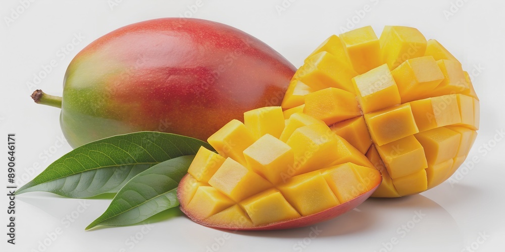 whole and sliced ripe mango with leaf on white background Generative AI whole and sliced ripe mango with leaf on white background Generative AI