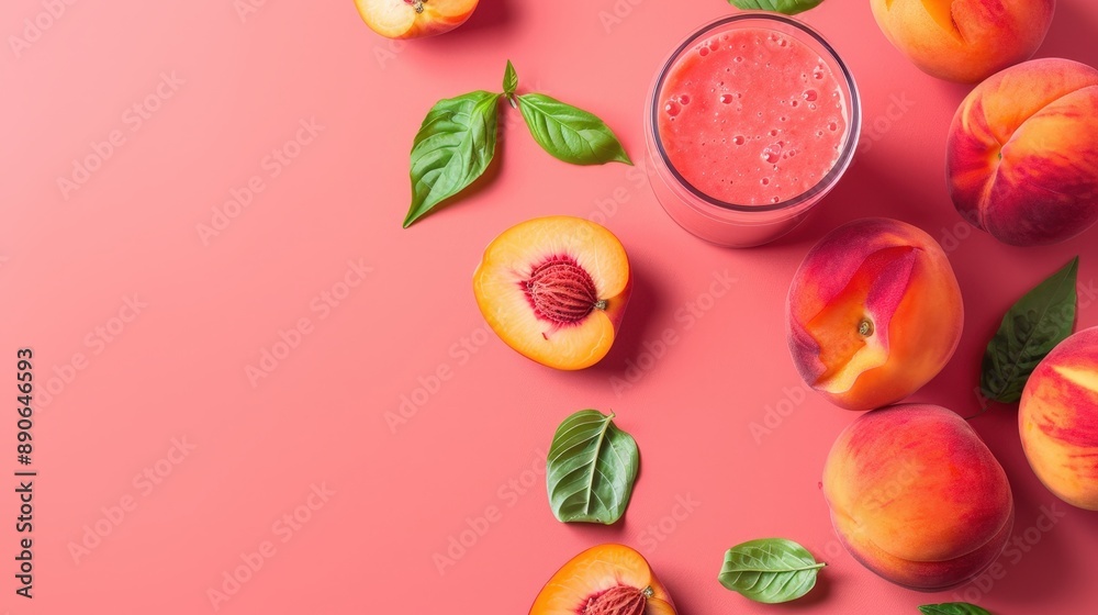 A glass of peach smoothie sits beside whole peaches and basil leaves on a pink background A glass of peach smoothie sits beside whole peaches and basil leaves on a pink background