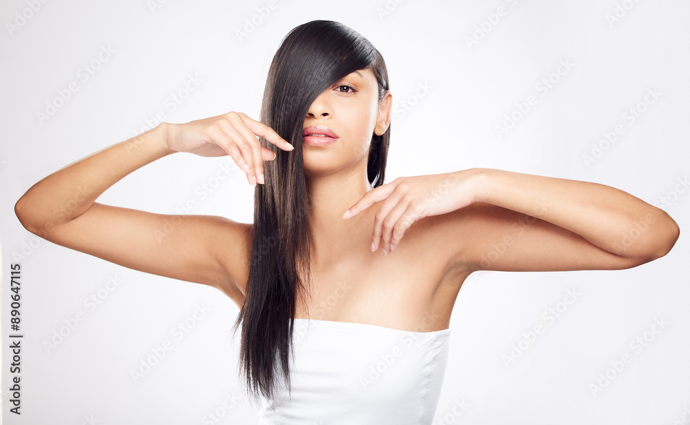 Portrait, hair care and girl with beauty, dermatology and cosmetics on white studio background. Face, woman and model with volume, texture or shine with grooming routine, keratin treatment or shampoo Portrait, hair care and girl with beauty, dermatology and cosmetics on white studio background. Face, woman and model with volume, texture or shine with grooming routine, keratin treatment or shampoo