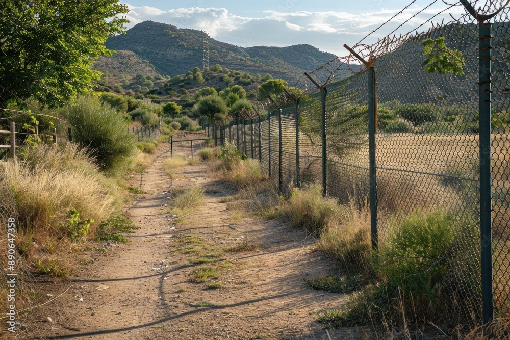 Illegal border crossing by migrant over fence Illegal border crossing by migrant over fence