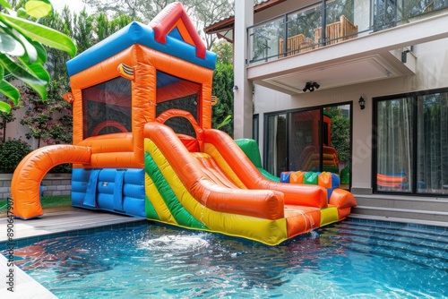 Inflatable bounce house with slide to the water pool in the backyard