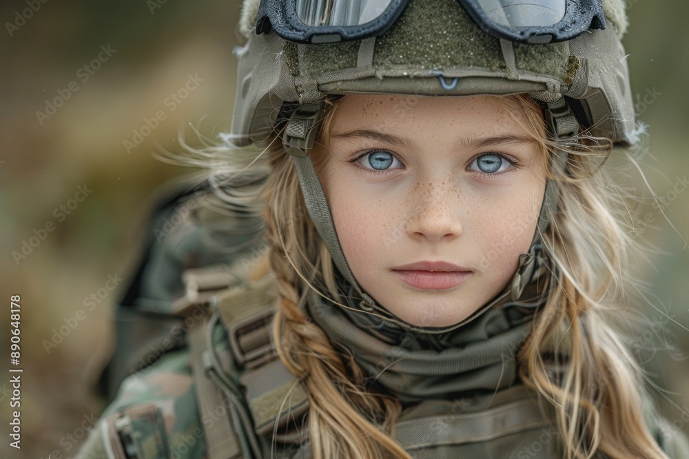 kid girl in a military bulletproof vest and helmet kid girl in a military bulletproof vest and helmet