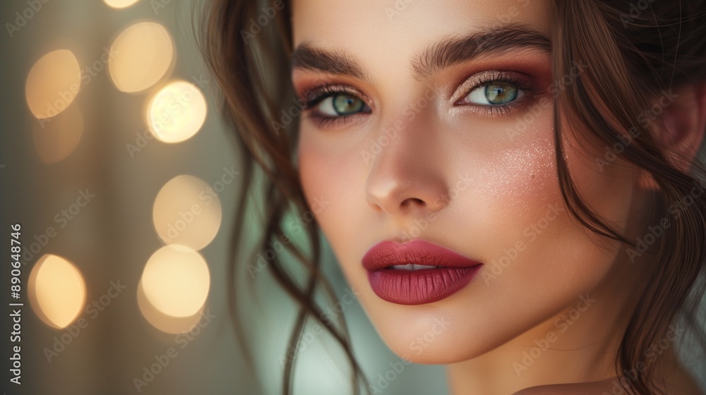 Close Up Portrait of a Woman With Elegant Evening Makeup and Bokeh Lights Close Up Portrait of a Woman With Elegant Evening Makeup and Bokeh Lights