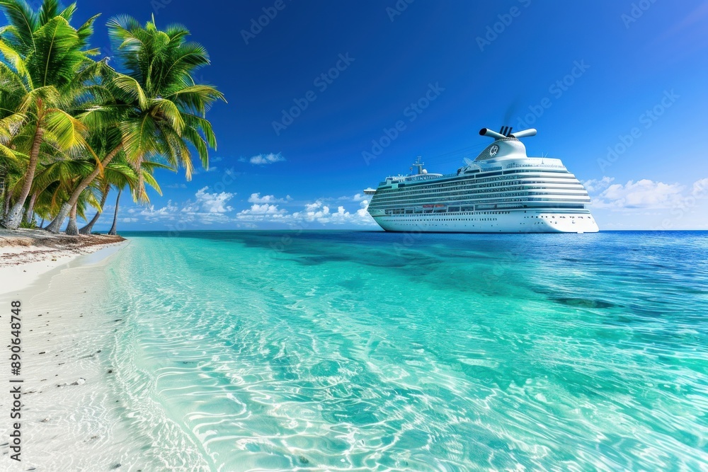 Luxury cruise ship near a tropical island with palm trees and clear turquoise waters under a bright blue sky Luxury cruise ship near a tropical island with palm trees and clear turquoise waters under a bright blue sky