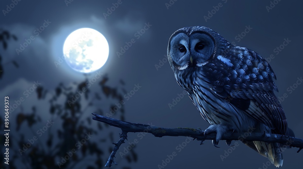 Nocturnal Owl Perched on a Branch Underneath a Full Moon Nocturnal Owl Perched on a Branch Underneath a Full Moon