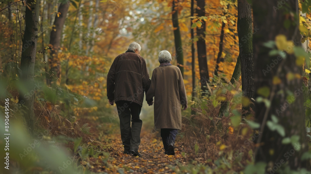 Elderly couple walking hand-in-hand through a forest trail, enjoying nature and their love for each other