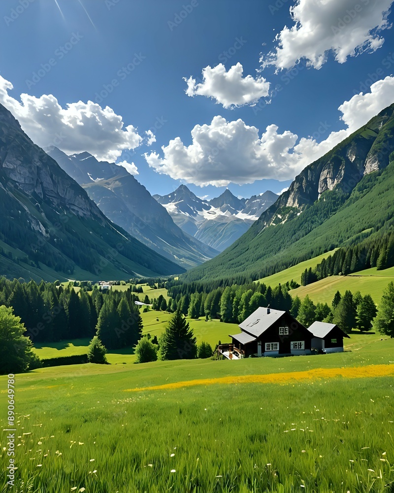Picturesque alpine valley with a wooden cabin. Picturesque alpine valley with a wooden cabin.