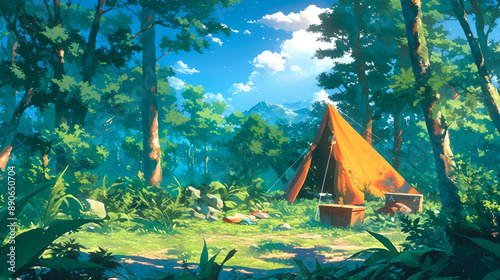 camp and stand tent in forest style anime