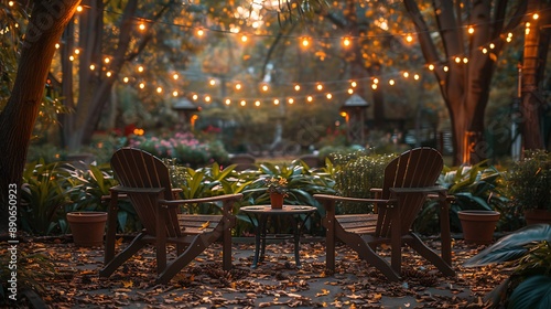 Serene retirement party invitation depicting an open area garden with cozy seating and string lights with a writing space on the left side for heartfelt retirement wishes and celebration details photo