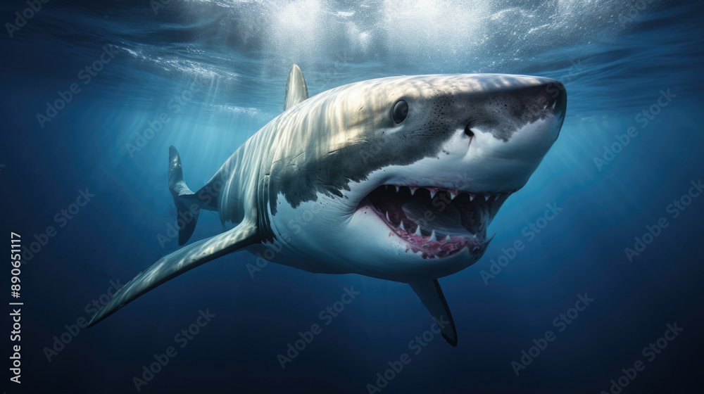 Fototapeta premium Great white shark swimming in the ocean water with open mouth and teeth.