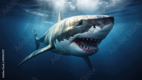 Great white shark swimming in the ocean water with open mouth and teeth. © Vitaly Art