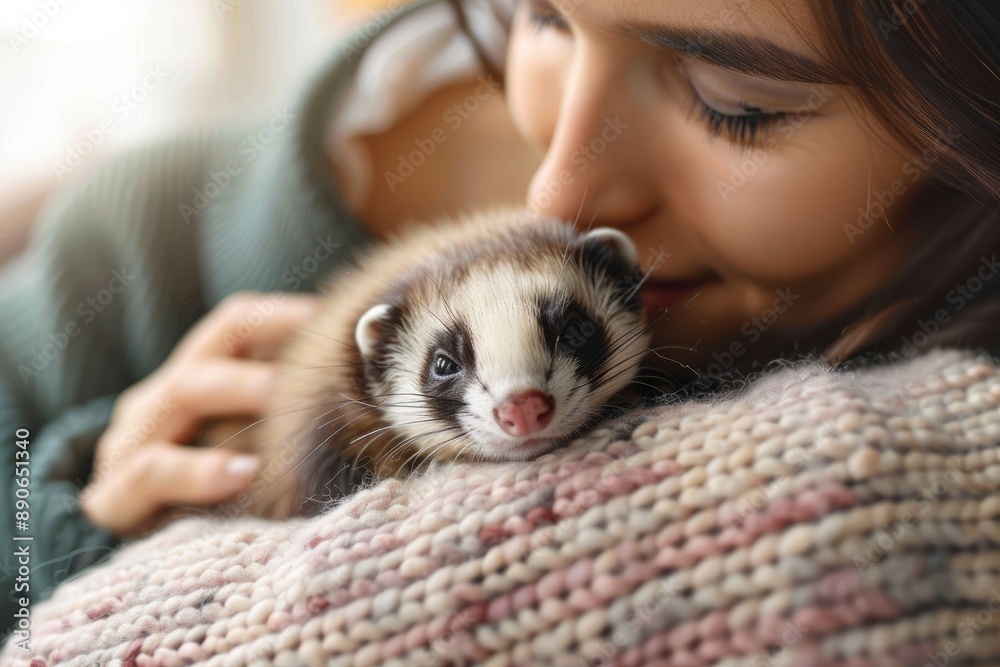 Owner Cuddling Content Ferret in Cozy Room, Heartwarming Moment Owner Cuddling Content Ferret in Cozy Room, Heartwarming Moment
