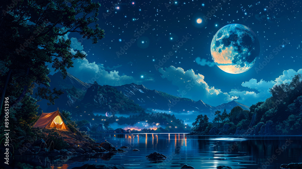 Naklejka premium camp and stand tent near lake style anime