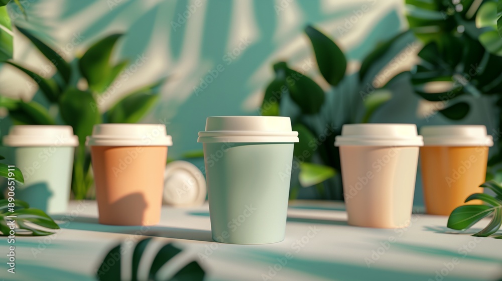 Pastel colored coffee paper cups with blank labels on a nature-inspired wallpaper, perfect for branding and eco-friendly themes. Pastel colored coffee paper cups with blank labels on a nature-inspired wallpaper, perfect for branding and eco-friendly themes.