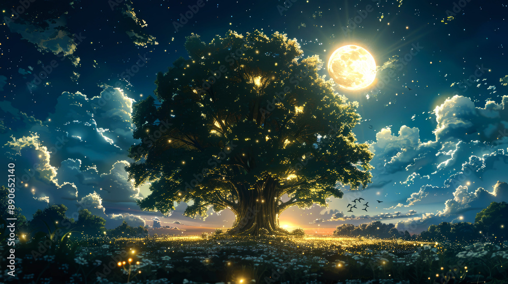 illustration big tree on night style anime illustration big tree on night style anime