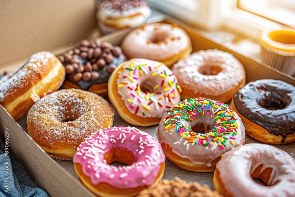 A box of freshly made gourmet donuts, each with a unique and delicious topping, sits in a cozy kitchen setting. A box of freshly made gourmet donuts, each with a unique and delicious topping, sits in a cozy kitchen setting.