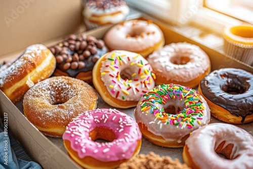 A box of freshly made gourmet donuts, each with a unique and delicious topping, sits in a cozy kitchen setting. © AiHRG Design