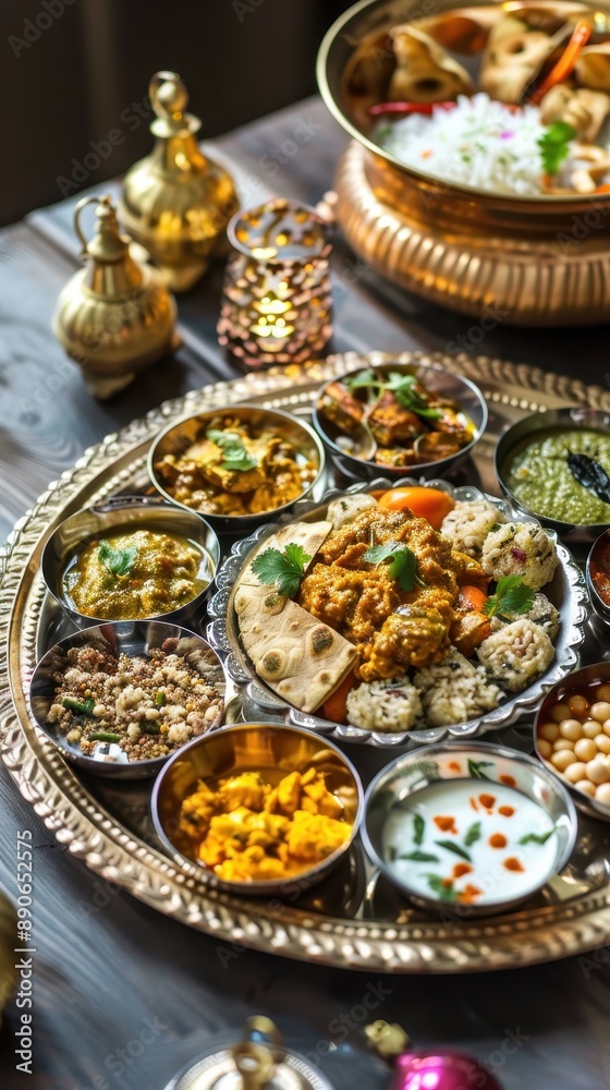 Fototapeta premium A traditional Indian thali with various dishes arranged on a silver platter, showcasing vibrant colors and rich textures.