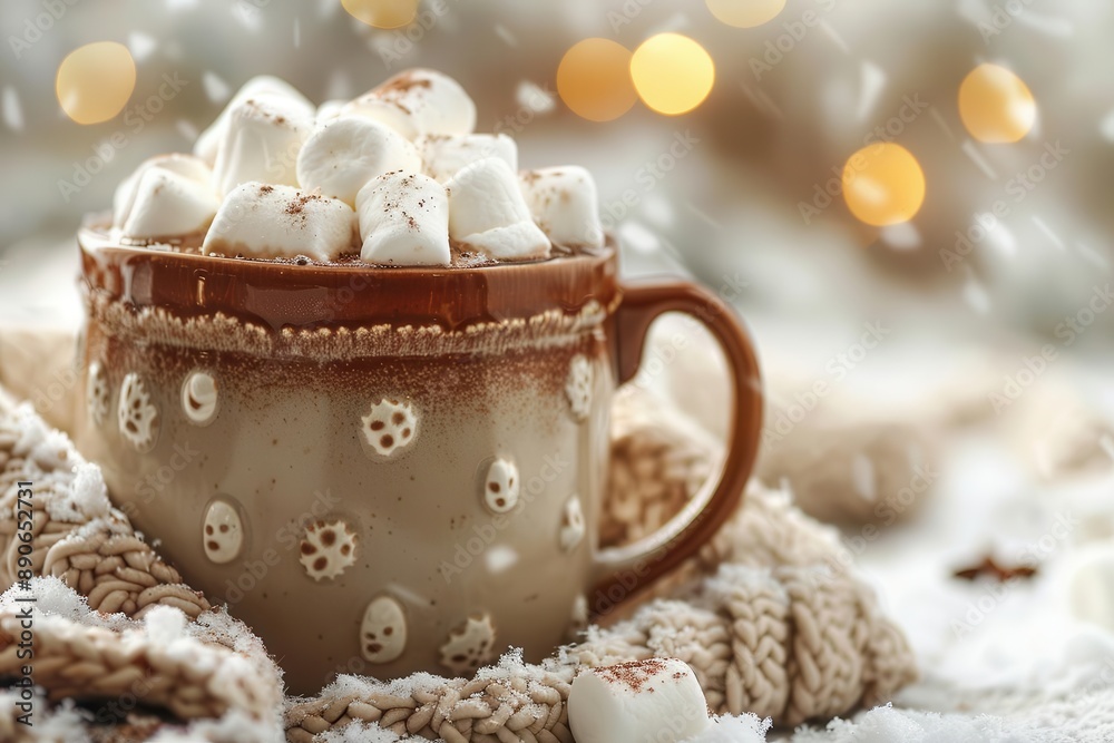 A mug of hot cocoa topped with marshmallows and cinnamon, set on a cozy knitted blanket against a snowy background. A mug of hot cocoa topped with marshmallows and cinnamon, set on a cozy knitted blanket against a snowy background.