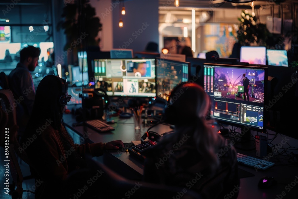 Two people work diligently in a control room, surrounded by multiple monitors displaying various information. The room is dimly lit, creating a sense of intensity and focus. Two people work diligently in a control room, surrounded by multiple monitors displaying various information. The room is dimly lit, creating a sense of intensity and focus.