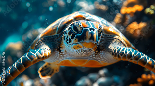 close up turtle on coral reef in ocean