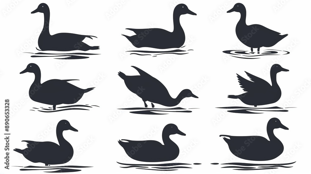 Fototapeta premium A neat grid of duck silhouettes showing various postures, each duck interacting with water beneath, creating mesmerizing ripples, perfect for nature lovers.