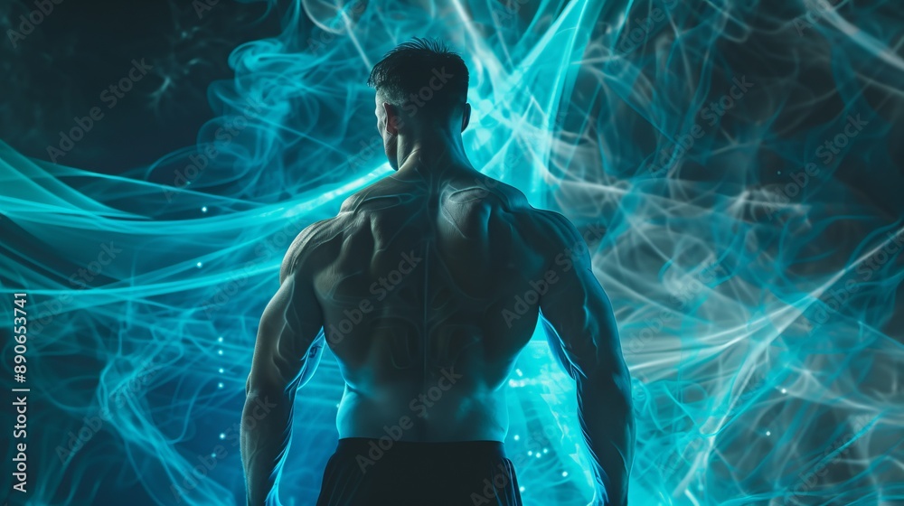 A muscular man is depicted from the back, standing confidently surrounded by abstract blue swirls, representing strength and dynamic energy amidst a surreal ambiance. A muscular man is depicted from the back, standing confidently surrounded by abstract blue swirls, representing strength and dynamic energy amidst a surreal ambiance.