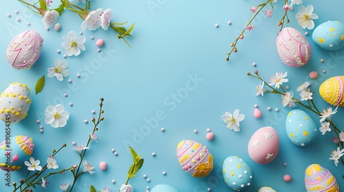 A variety of brightly colored and intricately decorated Easter eggs are surrounded by spring flowers and leaves, all arranged on a light blue background creating a cheerful scene.