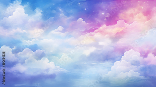 Watercolor Background with Clouds and Rainbow