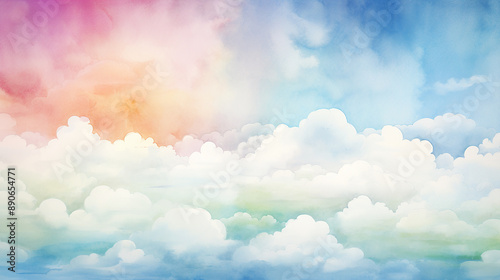 Watercolor Background with Clouds and Rainbow