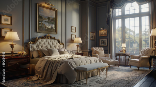 Elegant bedroom design, English Colonial style, cozy gray walls, classic furnishings