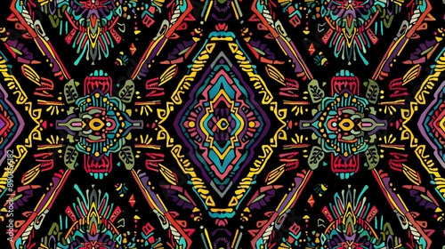 A vibrant and detailed Aztec-inspired pattern, with bold colors and intricate designs, capturing the essence of traditional artistry and modern flair, perfect for dynamic and colorful themes.
