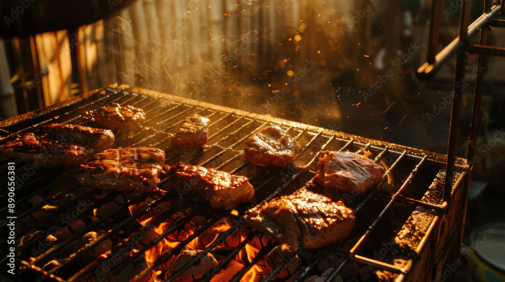 Golden hour BBQ grill with sizzling meats, casting long shadows Golden hour BBQ grill with sizzling meats, casting long shadows