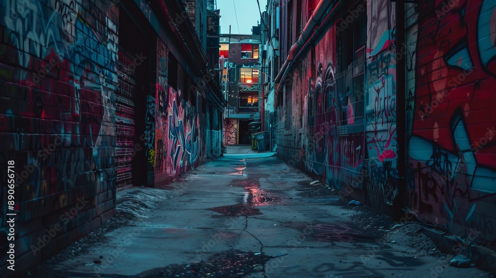 Fototapeta premium An urban alleyway adorned with vibrant and intricate graffiti, showcasing street art in its raw form. The image captures the essence of urban culture and creativity.