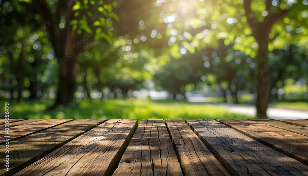 Empty Wood Table Top with Blurred Park Garden and Green Trees Background