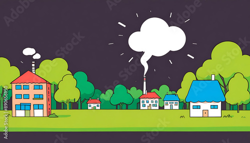 A minimalistic cartoon sketch showing the mitigation gap of temperature increase, CO2 emission, with a tree in middle and buildings in background, Abstract cartoon sketch style 